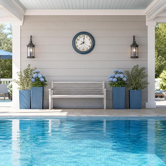 Outdoor Clock Waterproof with Thermometer Wall Clock for Patio Pool Bathroom Kitchen 8 Inch Blue