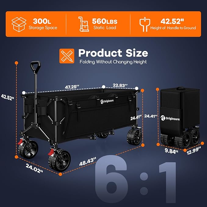 Originsure 48" L Collapsible Wagon Cart Foldable, 560lbs Weight Capacity 300L Heavy Duty Folding Beach Wagons with Big All-Terrain Wheels, Utility Carts for Groceries, Camping, Sports - Black