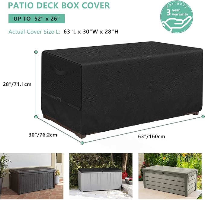 Patio Deck Box Storage Cover 63"L x 30"W x 28"H for 150-230 Gallon Box | Heavy Duty 600D Polyester Oxford, Tear Resistant Rectangular Fire Pit Table Covers, Rectangular Storage Bench Covers