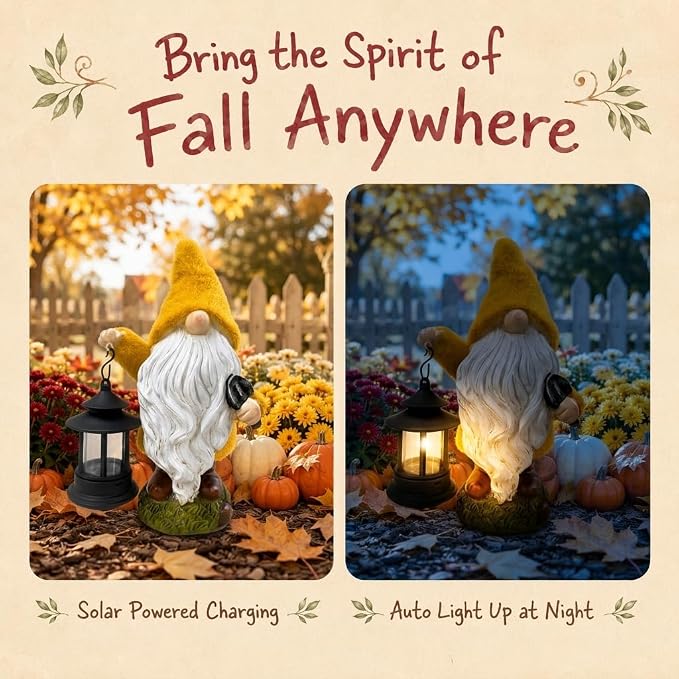 TERESA'S COLLECTIONS Fall Outdoor Decor, Fall Gnome Decor, Autumn Garden Gnomes Holding Lantern with Solar Lights,Waterproof Resin Outdoor Fall Decor, Fall Gifts Outdoor/Indoor,8"