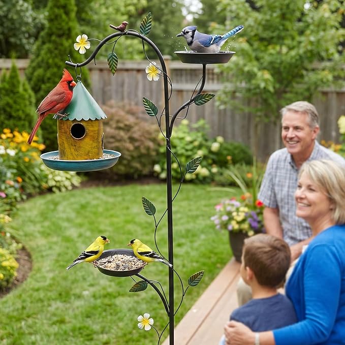 VINGLI 74.8" H Metal Bird Bath with Bird House, Outdoor Bird Bath with Stakes, 3-in-1 Bird Feeder for Patio, Garden, Yard, Lawn (Hanging Bird House)