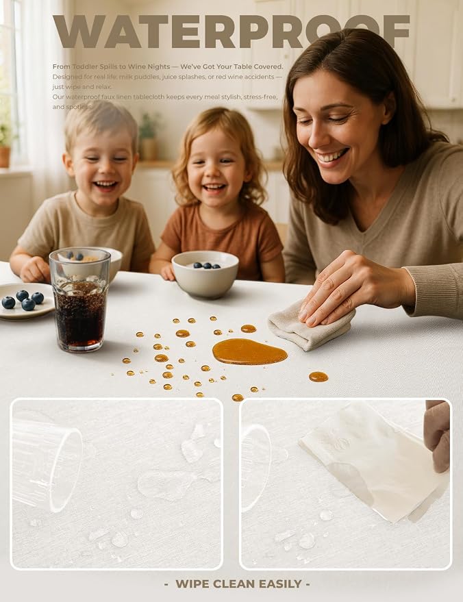 Decorelia Faux Linen Waterproof Tablecloth,Ivory, 52" x 70" (Rectangular)