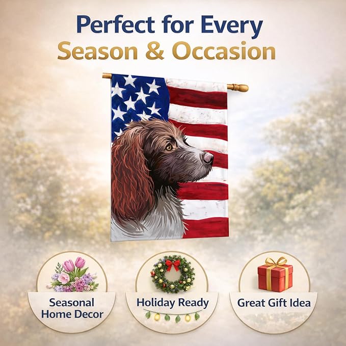 Caroline's Treasures CK6656CHF Pont-Audemer Spaniel Dog American Flag House Flag Large Porch Sleeve Pole Decorative Outside Yard Banner Artwork Wall Hanging, Polyester, House Size, Multicolor