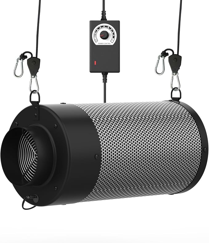 Air Carbon Filter with Built-in Fan, 4 Inch, Australian Virgin Charcoal, Carbon Filter for Grow Tent, Hydroponics, with Speed Control, Prefilter and Hanging Ropes