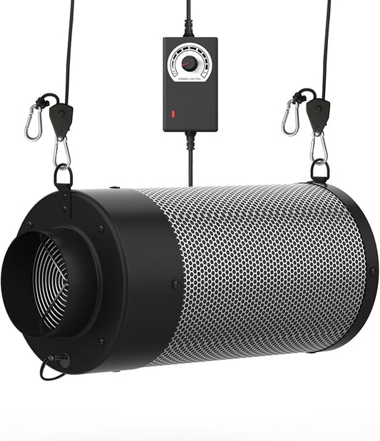 Air Carbon Filter with Built-in Fan, 4 Inch, Australian Virgin Charcoal, Carbon Filter for Grow Tent, Hydroponics, with Speed Control, Prefilter and Hanging Ropes