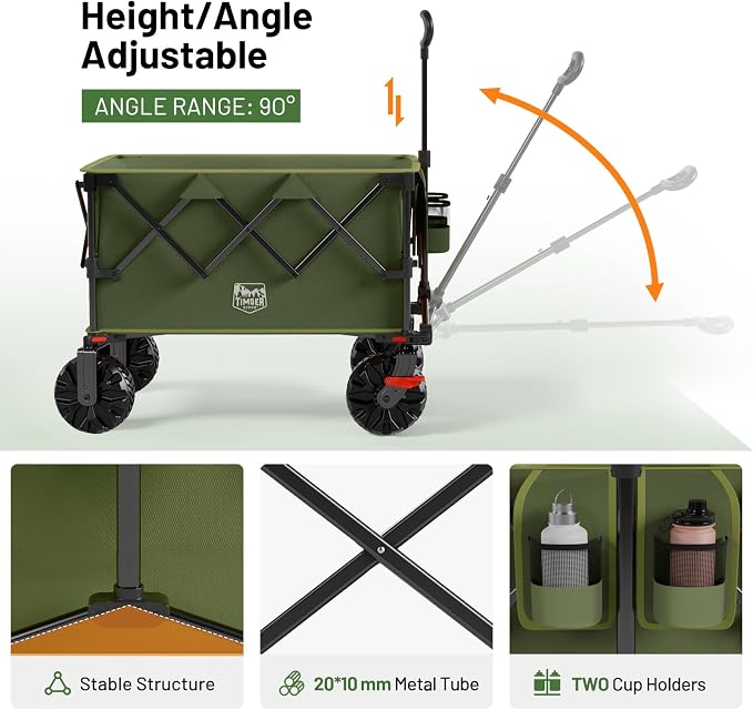 TIMBER RIDGE Outdoor Collapsible Folding Wagon with Brakes and Cup Holders, 500lbs Heavy Duty All Terrain Wheels Utility Cart for Shopping Camping Garden Sports, Green