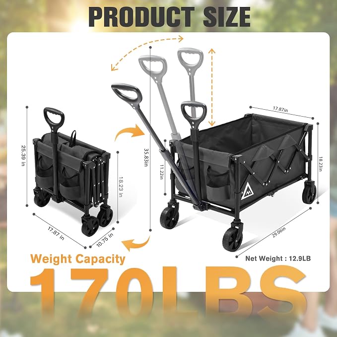 Wagon Cart Shopping Cart Large Capacity Collapsible Wagon with Wheels On Beach Garden Outdoor Utility Carts for Grocery All Terrain Portable Wagons Carts for Groceries Sand Camping Sports Black
