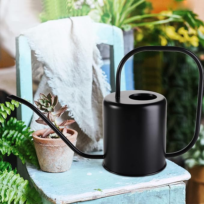 Fasmov 51 Oz Stainless Steel Watering Can Modern Style Watering Pot, Watering Can with Long Spout for Easy Pour, Water Outdoor Garden, Indoor Plant (Black)