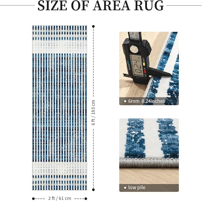 Washable 2x6 Modern Striped Area Rug, Abstract Runner for Hallway,Kitchen | Beige Blue, Soft Low Pile, Skin Friendly, Non-Slip for High Traffic, Laundry Vintage Coastal Nautical Style Home Decor
