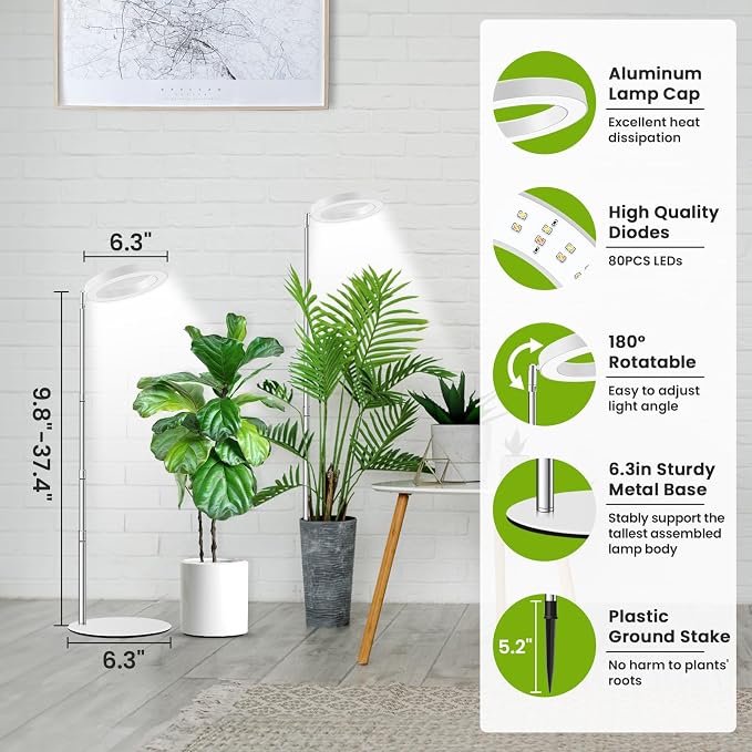 Kullsinss Grow Lights for Indoor Plants, 80 LEDs Full Spectrum Plant Lights for Indoor Growing with 2 Mounting Options, 6/12/16H Timer, 3 Spectrum Modes, 9.8"-37" Height Adjustable Grow Lamp, 2 Pack