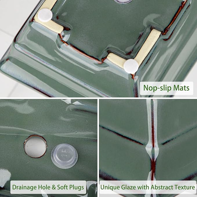 Ceramic Bonsai Pots with Drainage Trays Set of 2, Green Glazed Bonsai Planters for Indoor/Outdoor Use, Rectangular Shallow Bonzai Tree Pot for Succulent, Orchids, Cacti, Home, Patio, Garden, 7.5"x5.5"