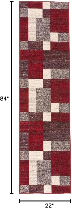 Rugshop Geometric Boxes Non-Slip Modern Living Room Area Rug Red 2' x 7'2" | Non-Shedding, Rectangular, Size 2' x 7'2", Bedroom, Dining Room, Home Office, Kitchen, Entryway, Hallway, Nursery, Kids Room