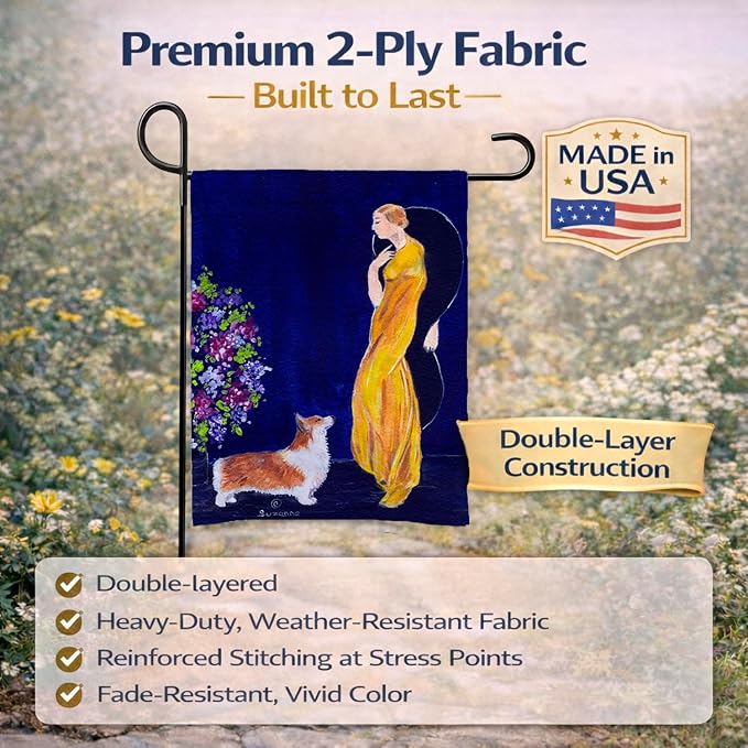 Caroline's Treasures SS8546GF Lady with her Corgi Garden Flag Mailbox Flag Decorative Yard Flag Banner Outside Patio Artwork Yard Flower Beds, Garden Size, Multicolor