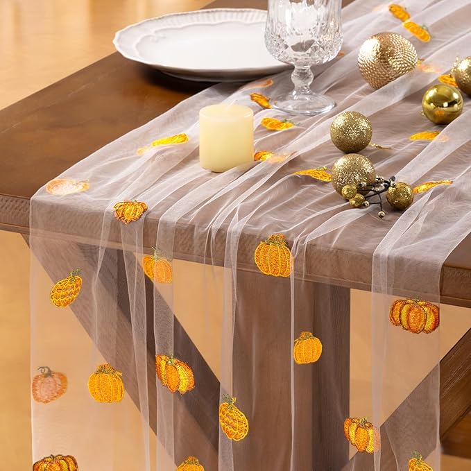 Socomi Falll Thanksgiving Table Runner Pumpkin Leaf Tulle Gauze Cheesecloth Embroidery Sheer Table Runners for Wedding Party Baby Shower Birthday Holiday Picnic Home Decor