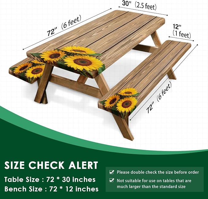 Sunflower Wooden Picnic Table Cover with Bench Covers, Rustic Summer Floral Farmhouse Outdoor Camping Essentials 6FT 3PCS Fitted Rectangle RV Must Haves Tablecloth with Drawstring Bag