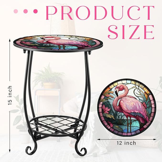 Cinnvoice Outdoor Side Table Round Small Mosaic Patio Accent Indoor End Plant Coffee Tea Table for Yard Patio Porch Garden Living Room, Bedroom(Flamingo Style,12 Inch)