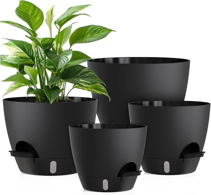 Plant Pots, 4 Pack 12/10/9/8 Inch Self Watering Pots with Drainage Holes, Water Level Indicator Deep Reservoir, Large Planters for Indoor Outdoor Plants - Black