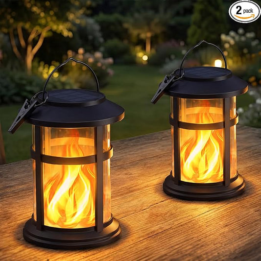 Otdair 2 Pack Solar Lanterns Outdoor Waterproof, Upgraded Flickering Flame Hanging Solar Lights for Outside, Solar Powered Lantern for Patio Yard Garden Porch Decor, Gift for Mom Housewarming