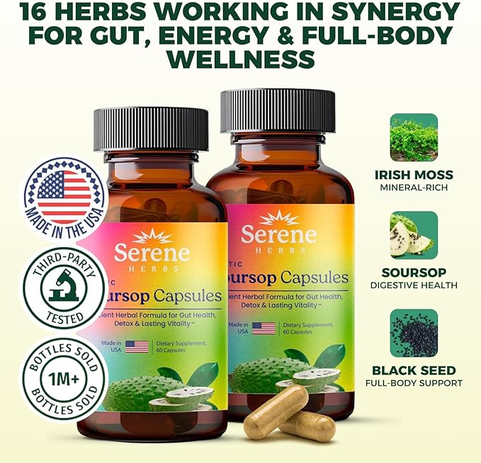 Serene Herbs Graviola Soursop Capsules Organic - Guanabana Extract Pills with Black Seed, Irish Moss & Moringa - 16 Herb Daily Supplements & Digestive Support - Vegan, Non-GMO (60 Count (Pack of 2))