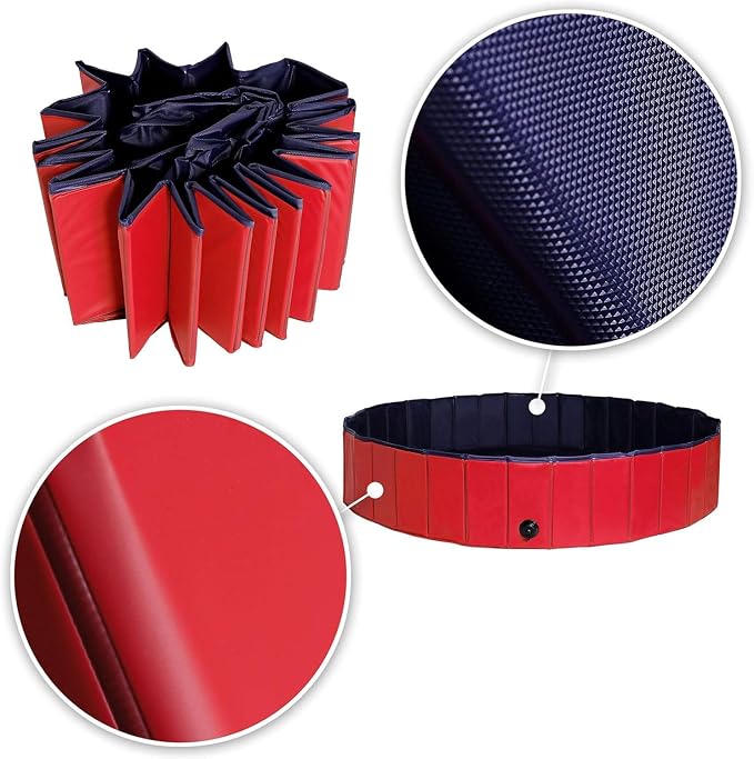 lionto Foldable Dog Pool Made of Scratch-Resistant PVC Material, Ø 62,9 in, Height 11,8 in, Anti-Slip Coating & Drain Plug for Quick Emptying, no Pump Required, Robust Children's Pool, Blue/red