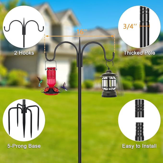 FEED GARDEN Adjustable Double Shepherds Hook for Outdoor with 5 Prong Base 92 Inch Heavy Duty Two Sided Bird Feeder Pole for Hanging Plant Baskets, Solar Light Lanterns, Wind Chimes 2 Pack