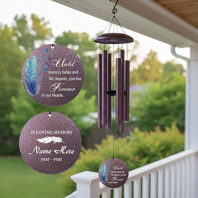 Customized 30/36/45 inch Memorial Wind Chimes for Loss of Loved One, Blue Feather Sympathy Gift Wind Chime for Loss Mom Dad, Deep Tone Outdoor Decoration, Produced in Texas