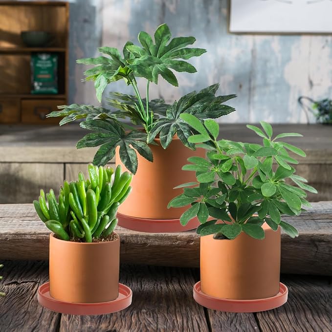 Yukfona Ceramic Plant Saucer Tray 2 Pcs 8 Inch Red Terracotta, 8.5"OD x8.15"ID x1"Deep| Fits flower pots Bottom≤ 8.15", Heavy Duty Glazed Round Planter Drip with Catch Basin for Indoor Outdoor Plants | Ceramic Glazed