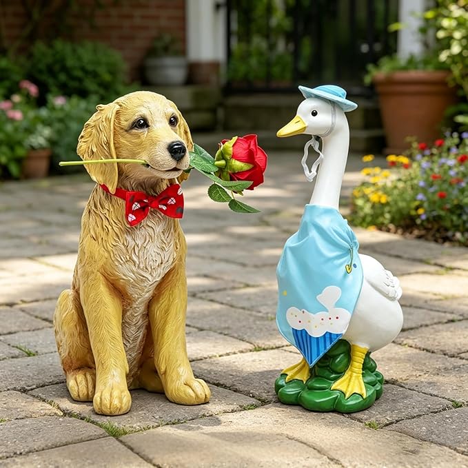 Dog Valentine Day Decorations Outside - Rose Garden Statues, Seasonal Outdoor Decor for Yard, Patio, Front Porch, Waterproof Resin Dog Figurine, Valentine's Season Gift for Lovers Memorial 11x5.5x13IN