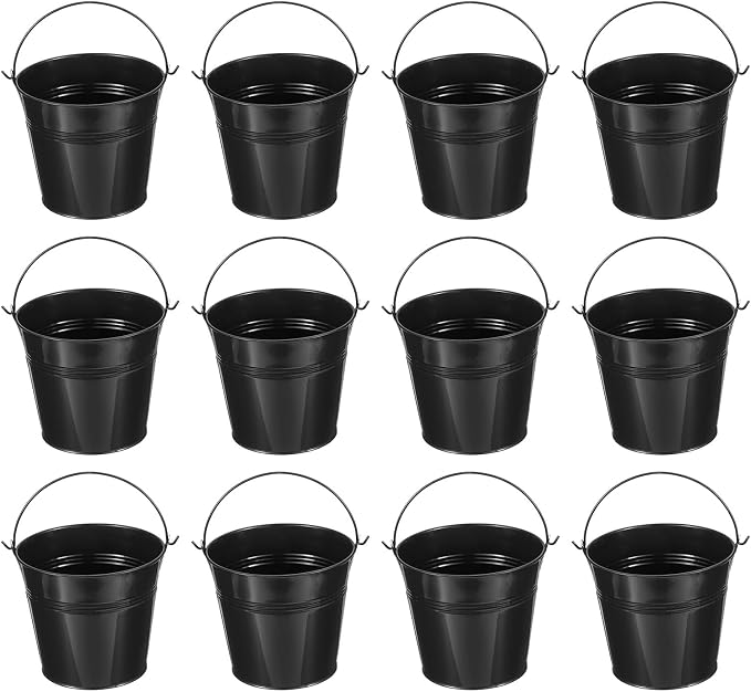 PATIKIL 5.1"x4.7" Small Metal Buckets with Handle, 12 Pcs Mini Galvanized Bucket Colorful Easter Buckets for Crafts Party Favors Decoration, Black