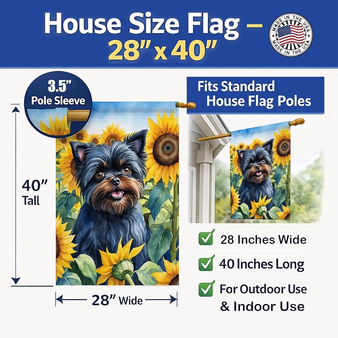 Caroline's Treasures DAC6000CHF Affenpinscher in Sunflowers House Flag Large Porch Sleeve Pole Decorative Outside Yard Banner Artwork Wall Hanging, Polyester, House Size, Multicolor