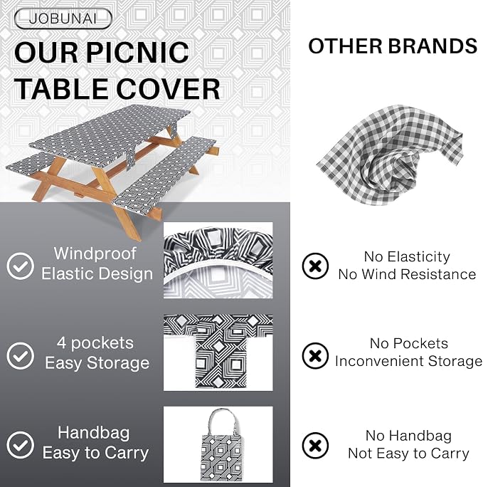 Jobunai Picnic Table Cover with Bench Covers Elastic Waterproof Vinyl Tablecloth for 6 Foot Rectangle Tables Camping Rv Roadtrip Hiking Car Items for Tent Campers Gift for Teenage Boys Girls Sister