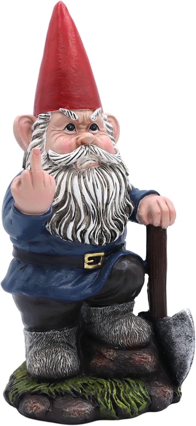 Candy Creations On Cloud 9 Angry Garden Gnome with a Shovel Holding Up Middle Finger, Outdoor Decor, Funny Statue