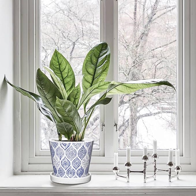 Blue and White Ceramic Pots for Plants, Decorative Plant Pots Round Ceramic Planters for Indoor Plants Pots with Drainage Hole Saucers, Retro Planter Pot for Succulents Cactus Flowers Outdoor 4.8/5.5"