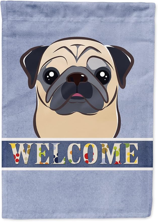 Caroline's Treasures BB1448CHF Fawn Pug Welcome House Flag, Blue Large Porch Sleeve Pole Decorative Outside Yard Banner Artwork Wall Hanging, Polyester, House Size, Multicolor