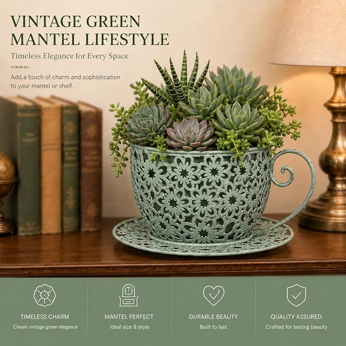 12 Inch Antique Metal Teacup Planter for Outdoor Plants Teapot Planter Floral Hollow Out Decorative Rustic Iron Flower Pot for Summer Garden Patio Home Decor (Vintage Green)