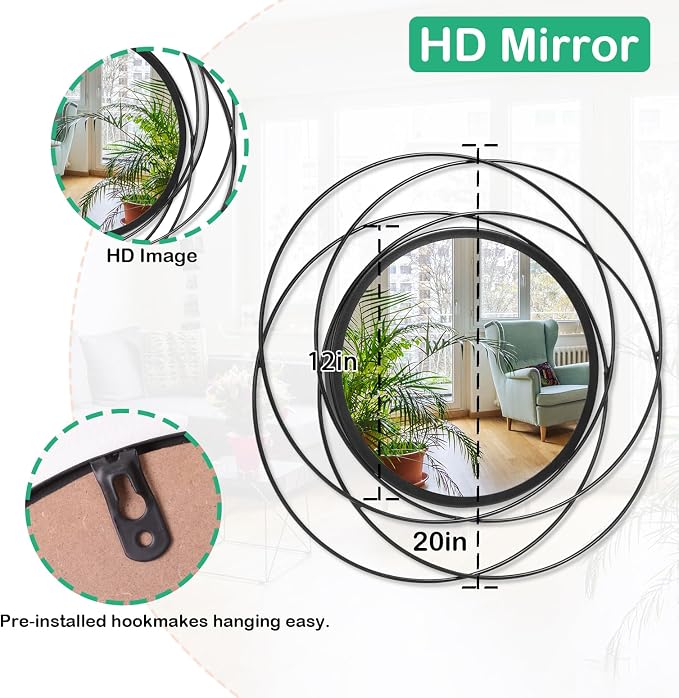 Decorative Mirrors Black Circle Mirror - 20 Inches Round Mirror with Metal Frame, Modern Wall Hanging Mirrors for Living Room, Bedroom, Bathroom, Entryway Black