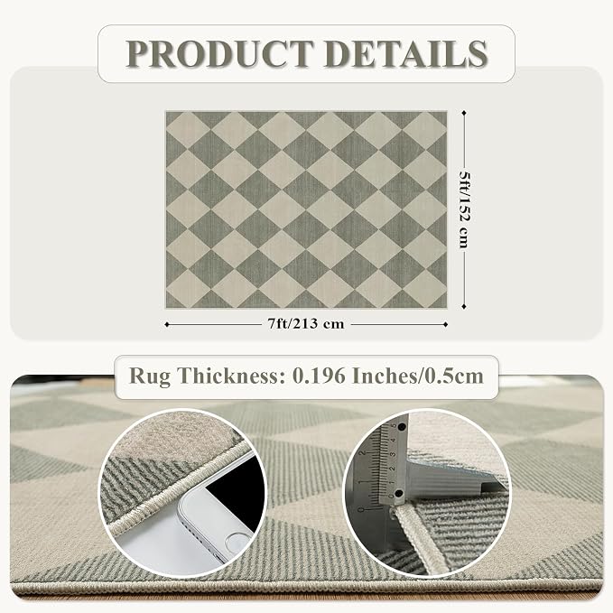Beeiva Checkered Print 5x7 Rugs for Living Room, Non Slip Soft Green Rugs for Bedroom Ultra Thin Washable Rugs 5x7, Moroccan Farmhouse Carpet for Playroom Kids Room, Classic Classroom Dorm Home Decor