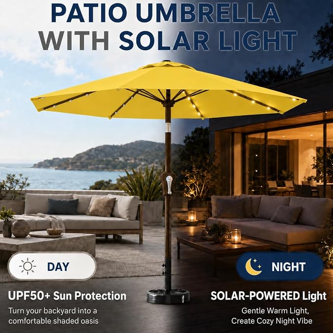 10FT Solar Patio Umbrella with Lights, Outdoor Table Market Umbrella with 32 LED Lights, 8 Sturdy Ribs, Push Button Tilt and Crank for Pool, Deck and Garden, UV-Resistant
