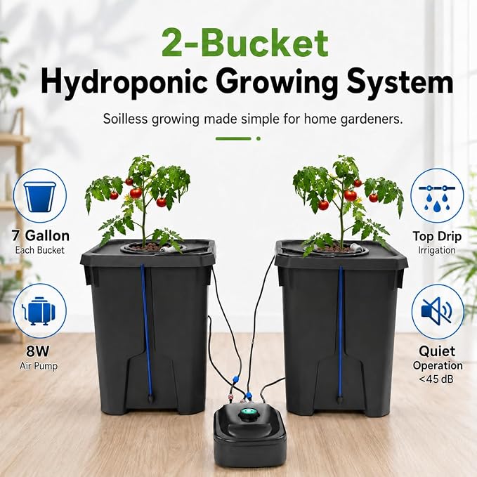2Pcs Deep Water Culture Bucket System, 7 Gallon Hydroponics Growing System Kit with Flippable Inspection Cover, Recirculating Drip Garden System with Air Pump&Clay Pebbles for Indoor Outdoor Plants