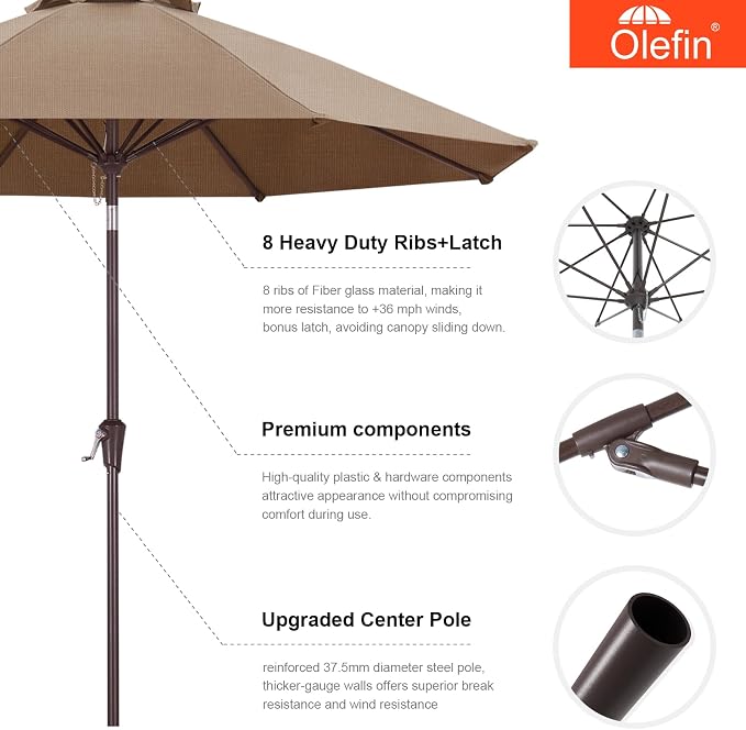 MASTERCANOPY Olefin 5-Year-Non-Fading 9ft Patio Umbrella with Tilt and Crank, Large UV Resistant Outdoor Table Umbrella with 8 Fiberglass Ribs for Deck, Yard & Market, Medium Grey