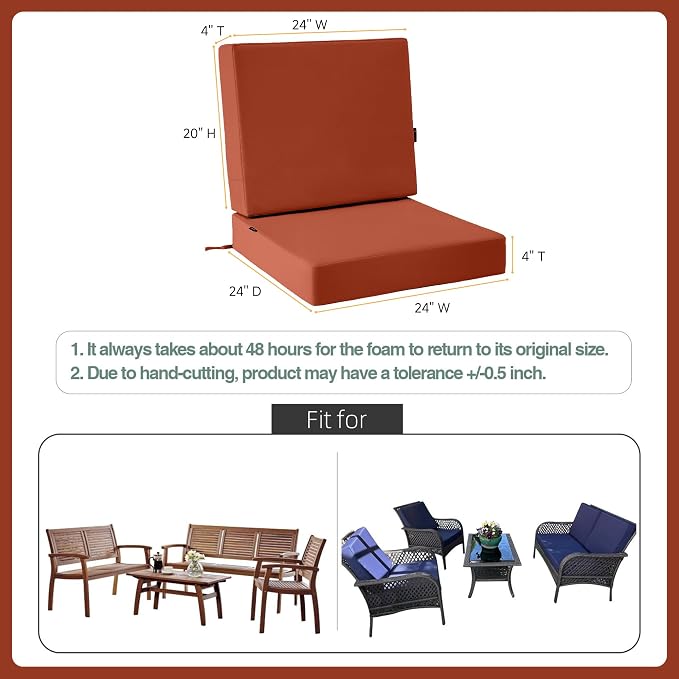 Favoyard Deep Seat Patio Cushion Set 24 x 24 Inch Waterproof Outdoor Chair Cushions for Patio Furniture with Fade Resistant and Removable Cover with Handle & Adjustable Straps for Patio, Yard, Garden
