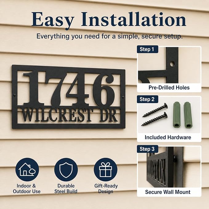 Custom Metal Address Sign Personalized House Number Plaque with Street Name for Outside Home Modern Black Address Numbers Sign for Front Porch Entryway Fence Gate Mailbox Wall Decor