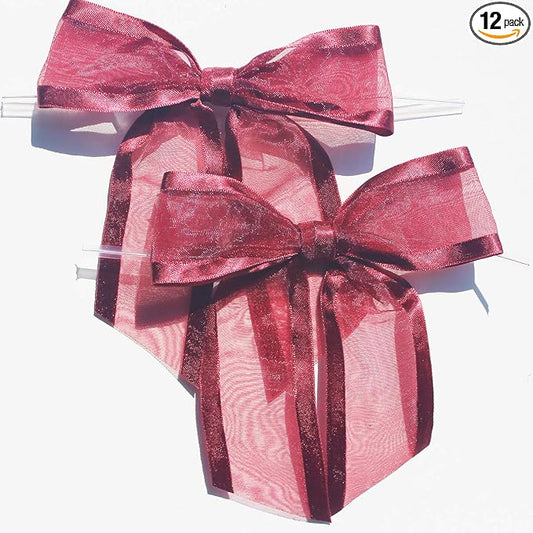Burgundy Pre-Tied Organza Bows With Twist Ties. Pack of 12 Satin-Edged Fabric Bows Made of 1-1/2" Ribbon. Bow Measures 4" Wide (12, Burgundy)
