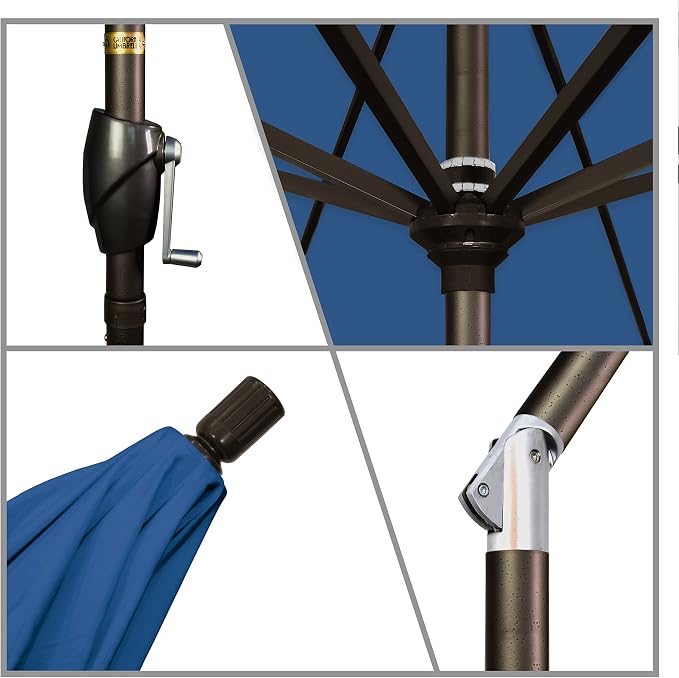 California Umbrella 9' Round Aluminum Market Umbrella, Crank Lift, Push Button Tilt, Bronze Pole