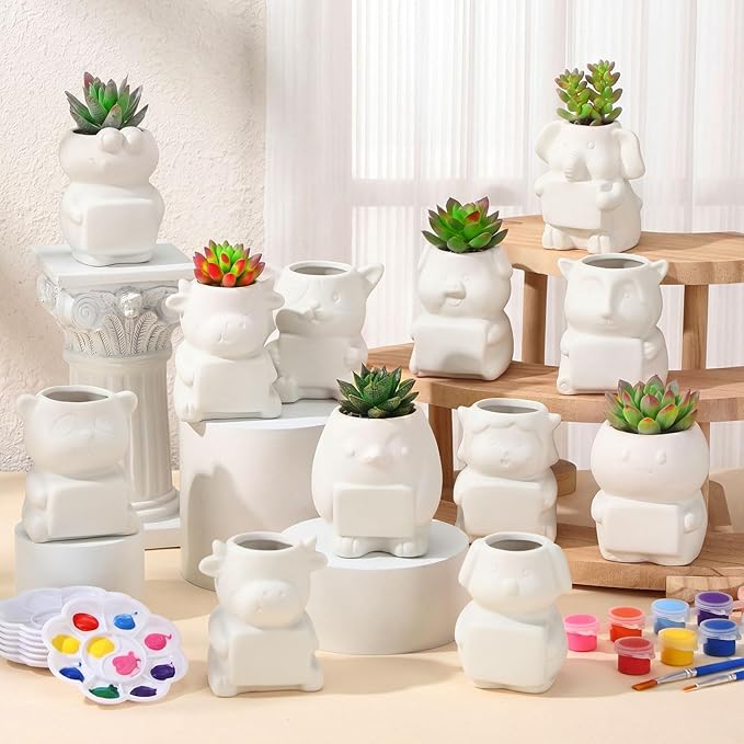 Hushee 12 Sets DIY Ceramic Succulent Pots Ready to Paint Animal Planters Unpainted Plant Flower Pots Bulk with Drainage Hole and Bisque Paint for Adults Craft Christmas Holiday (Animals with Sign)
