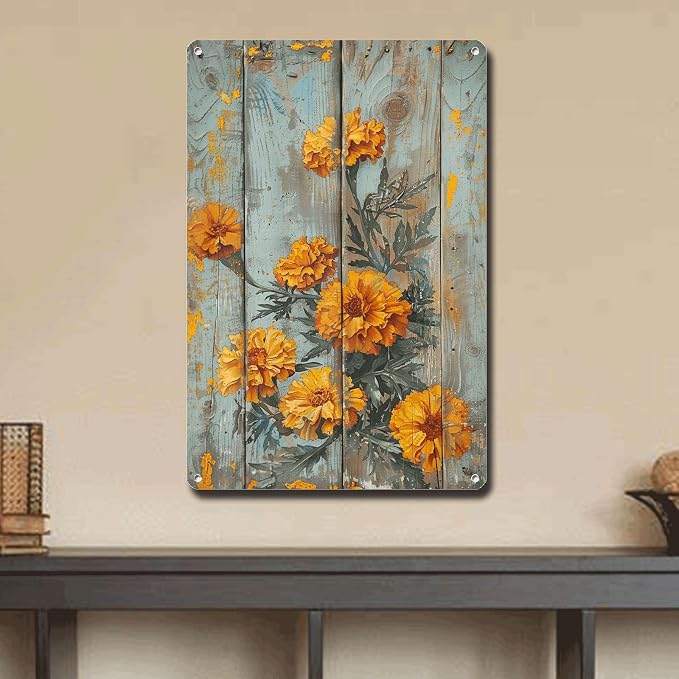 Metal Sign Tin Sign Vintage Wall Art Antique Exuberance Marigolds Tin Sign for Shabby Chic Style Bright Petals Displays and Corrosion Greenhouse Decor for Club 6×8 Inches