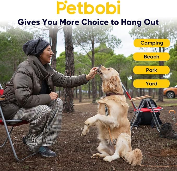 Petbobi Dog Tie-Out Cable and Stake - 50ft Heavy Duty Cable with Spring, No Tangle, 16in Ground Stake, Ideal for Outdoor Yard, Camping, Suitable for Small Medium Large Dogs Up to 120 lbs, Orange