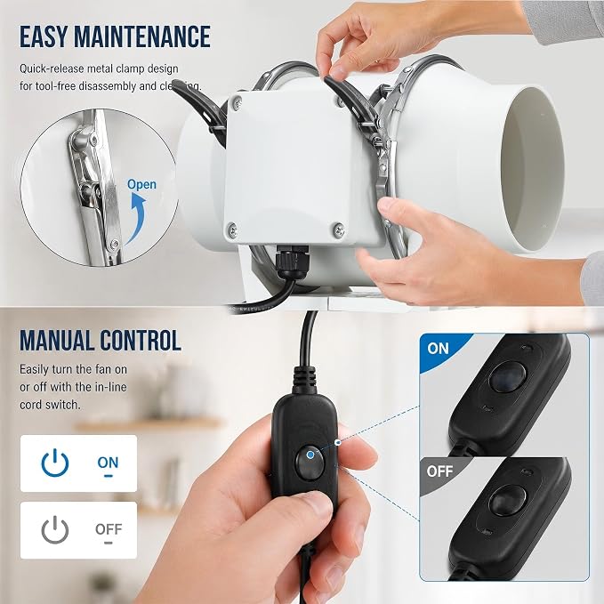 4inch Inline Duct Fan | 120 CFM, Inline Ventilation Exhaust Fan, w/ Switch, For HVAC, Grow Tent, Hydroponics, 3D Printer