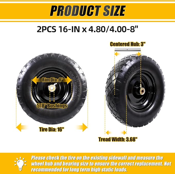 MZREXN 4.80/4.00-8" Flat Free Tire and Wheel, 16" Wheelbarrow Tires | 2 Packs Universal Solid Tires with 5/8" & 3/4" Bearings, 3" Centered Hub for Hand Truck Garden Trailers Utility Cart, Black