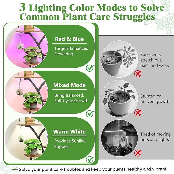 Plant Stand with Grow Lights, 61" Tall Plant Shelf Indoor with Multi-Color Full Spectrum LED Lights and 360° Lockable Wheels, 10-Tier 61" Tree-shaped Decorative Rack, for Living Room, Balcony & Office, Black and Brown